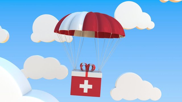 Carton with flag of Switzerland falls with a parachute. Loopable conceptual 3D animation