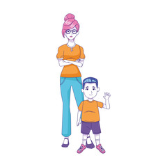 mother with her son standing icon, flat design