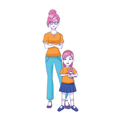 cool woman with little girl icon, flat design