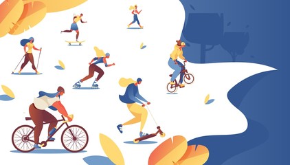 Women doing sport at summer park landing page template. Bmx bike, bicycle, roller skaters and skates riding characters in bright colors