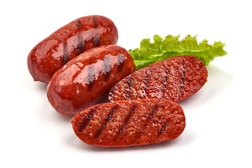 Grilled Chorizo Sausages with lettuce, isolated on white background
