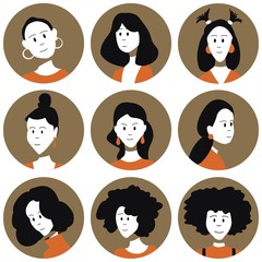 Female faces icons set, cartoon flat vector characters.