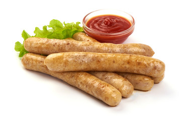 Grilled Chicken Sausages with tomato sauce, isolated on white background