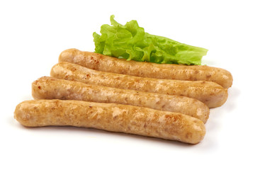 Grilled barbecue chicken sausages, isolated on white background