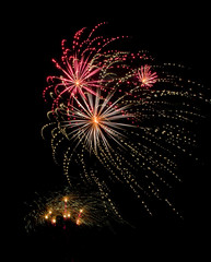 Several colorful fireworks exploding in the dark sky in the middle of the night. The explosions...