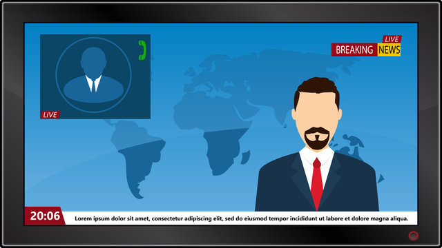 TV News Studio With Broadcaster And Breaking World Background Vector Illustration. Breaking News On Tv, Broadcasting Journalist