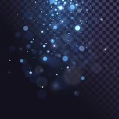 Falling blue sparks, dust glitter with blur effect on a transparent background