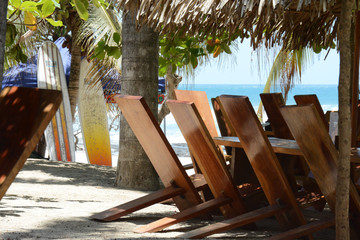 Costa Rica tropical view from restaurant on ocean with surf boards