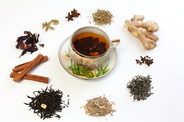 A cup with tea surrounded by different types of teas and warming, healing spices 