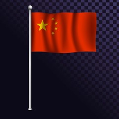 Vector Chinese flag on stick, China flag ripple in the wind