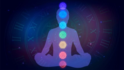 Silhouette of meditating human sitting in the lotus position and seven chakras