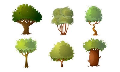 Set of green deciduous trees isolated on white vector illustration