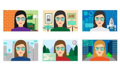 Women playing virtual games in different realities vector illustration