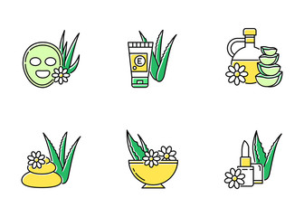 Aloe vera green color icons set. Cosmetology. Spa treatment. Facial mask. Natural cosmetic for moisturizing. Herbal oil. Organic lip balm. Skincare products. Isolated vector illustrations