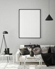 mock up poster frame in modern interior background, living room, Scandinavian style, 3D render, 3D illustration