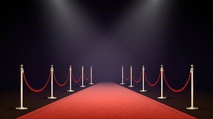 Red carpet in a dark room with spotlights, the path to glory