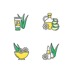 Aloe vera green color icons set. Organic cream with vitamin. Medicinal herbs in bowl. Moisturizing oil. Plant based lip balm. Cosmetic products for skincare. Isolated vector illustrations