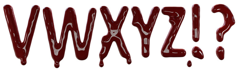 Creepy letters made from red fresh blood. 3d render isolated on white background.