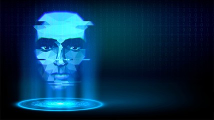 Blue luminous hologram with a human face on a dark background
