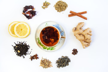  Filiżanka z herbatą otoczona różnymi gatunkami herbat oraz rozgrzewającymi leczniczymi przyprawami i dodatkami do herbaty - obrazy, fototapety, plakaty