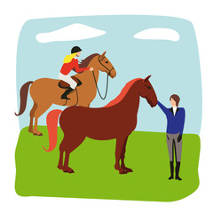 Equestrian, derby sport flat hand drawn color illustration. Stallion. Equestrianism. Racehorse hand drawn clipart. Horse racing competition.Professional jockeys, riders. Hippodrome, isolated