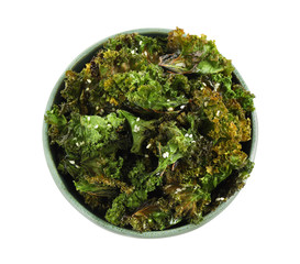 Tasty baked kale chips isolated on white, top view