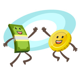 Naklejka premium Give me high-five! Money character and coin character giving high-five.