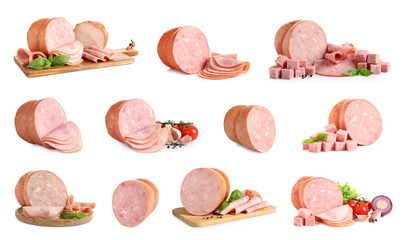 Set of tasty hams on white background