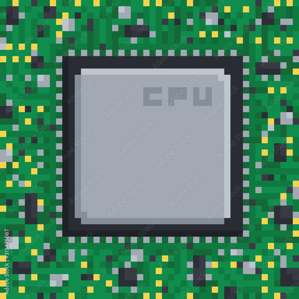 Aufkleber pixel art hardware illustration - circuit board cpu processing unit chip on green background