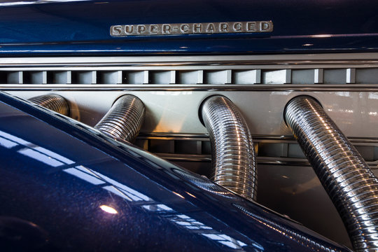 STUTTGART, GERMANY - MARCH 17, 2016: Exhaust system of luxury car Auburn Duesenberg Model SJ Cabrio. Europe's greatest classic car exhibition "RETRO CLASSICS"