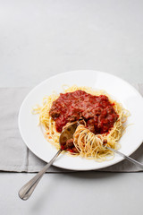 Homemade Spaghetti with Meat Sauce in White Plate on Neutral Gray Background