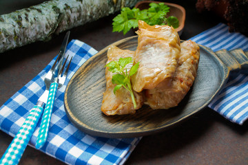 Stuffed cabbage leaves with minced meat and rice in tomato sauce, traditional russian cuisine, rust background and birch.