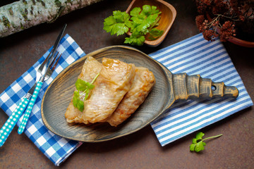 Stuffed cabbage leaves with minced meat and rice, russian cuisine, top view image