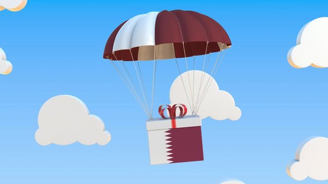 Box with national flag of Qatar falls with a parachute. Loopable conceptual 3D animation