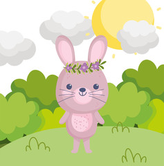 cute animals rabbit with flowers in head grass bushes sunny day cartoon