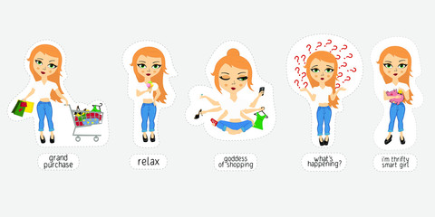 vector character young red-haired woman with different moods. Vector girl with purchases, with shopping trolley, girl with ice cream, girl in lotus position.