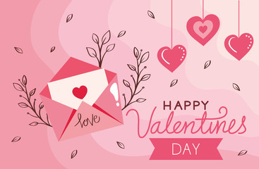 happy valentines day card with envelope and decoration vector illustration design