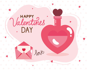 happy valentines day card and fragrance bottle with decoration vector illustration design
