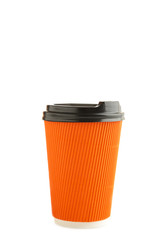 Orange paper cup of coffee isolated on white background