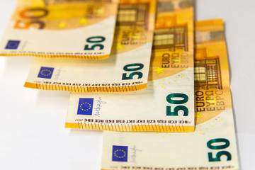 Banknote fifty euros. Concept of inflation, bankruptcy, currency exchange rate