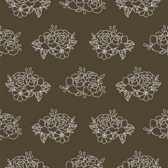 Doodle floral peony bouquet pattern in hand drawn style with flowers and petals. Flower repeat line style brown background.