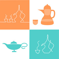 Ramadan Iftar party food design elements.Traditional teapot with cups on dinner. Vector set. Ramadan Kareem in Arabic freehand for Islam religious festival Eid with grand meal. Arabic coffee logo