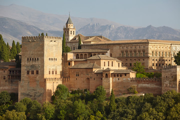 Panoramic view of the Alhambra with Sierra Nevada in the background, Granada, Andalusia, Spain