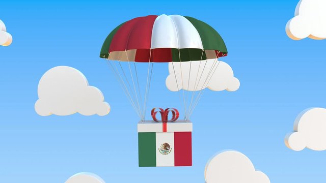 Carton with flag of Mexico falls with a parachute. Loopable conceptual 3D animation