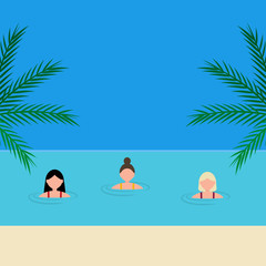 Obraz na płótnie Canvas Young women girlfriends swim in the sea on the azure coast. Cartoon vector illustration, flat design