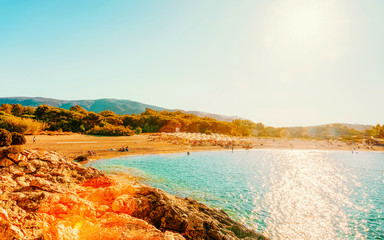 Landscape of Chia Beach and Blue Waters of the Mediterranean Sea in Province of Cagliari in South...