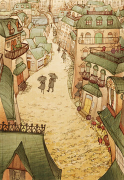 Cobblestone City Ink Illustration- whimsical ink drawing of a romantic historical city, warm sepia tones