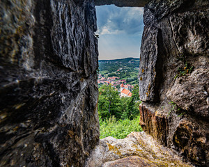 View of a village through a fort window