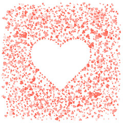 Tender red hearts background with negative space white heart in the center. Lovely square wallpaper for Valentines day greeting card design, love wedding invitation with place for text
