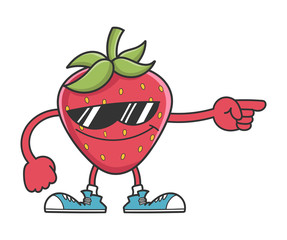 strawberry character with sunglasses pointing